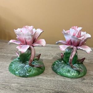 Vtg Capodimonte Like Pink Green Floral Candle Holder N Mark Smeared 6x5